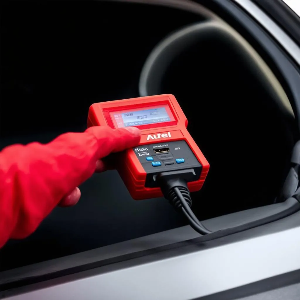 Mechanic connecting an Autel MaxiScan MS300 to a car's OBD2 port