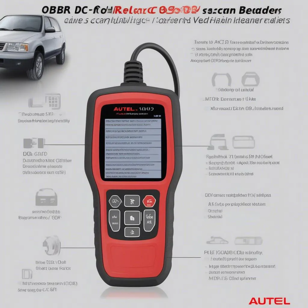 The Autel MaxiScan OBD2 code reader scan tool with compatibility information for various vehicle models and years