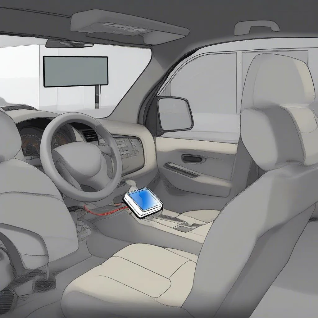 Autel MaxiScan OBD2 code reader scan tool plugged into the vehicle's OBD2 port, located under the dashboard.