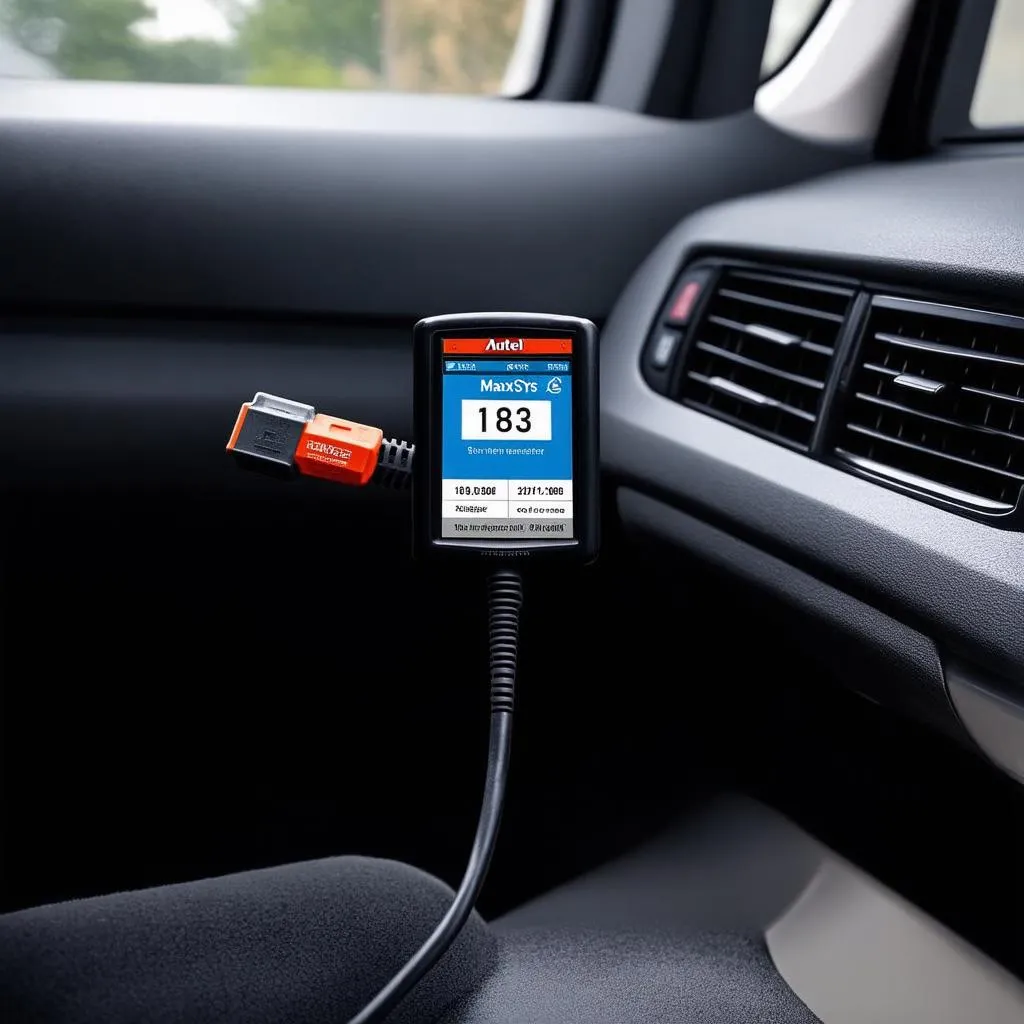 Autel MaxiSYS scanner plugged into a car's OBD-II port