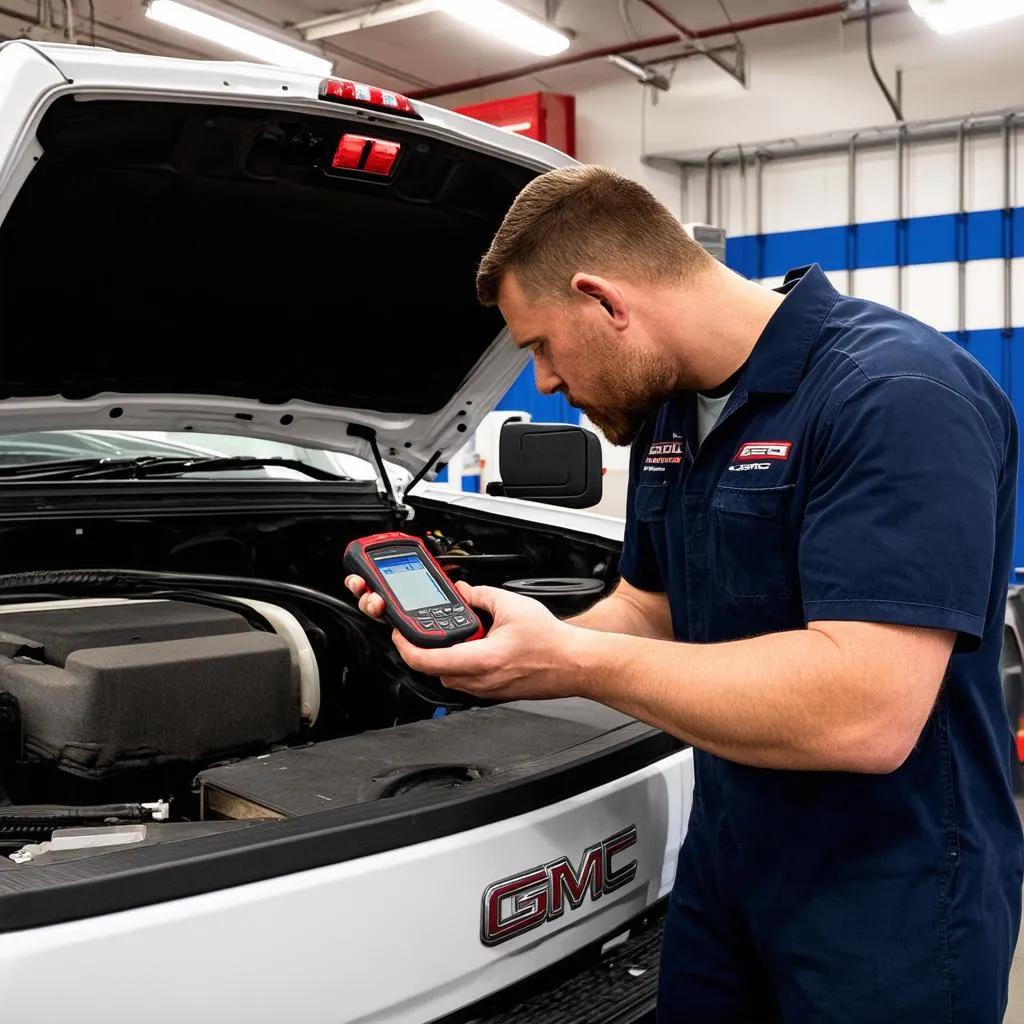 Mechanic using Autel MaxiSys to diagnose a GMC vehicle.