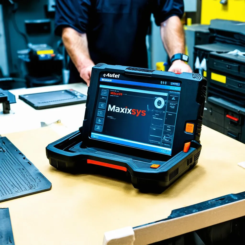 Autel Maxisys MS906 on a workbench