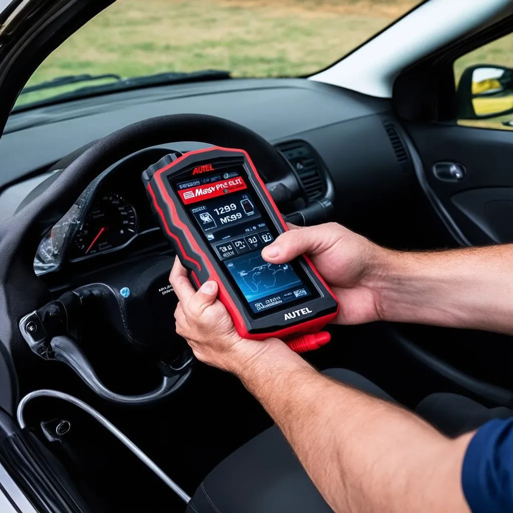 Autel MaxiSys MS908 Pro Elite being used to diagnose a European car