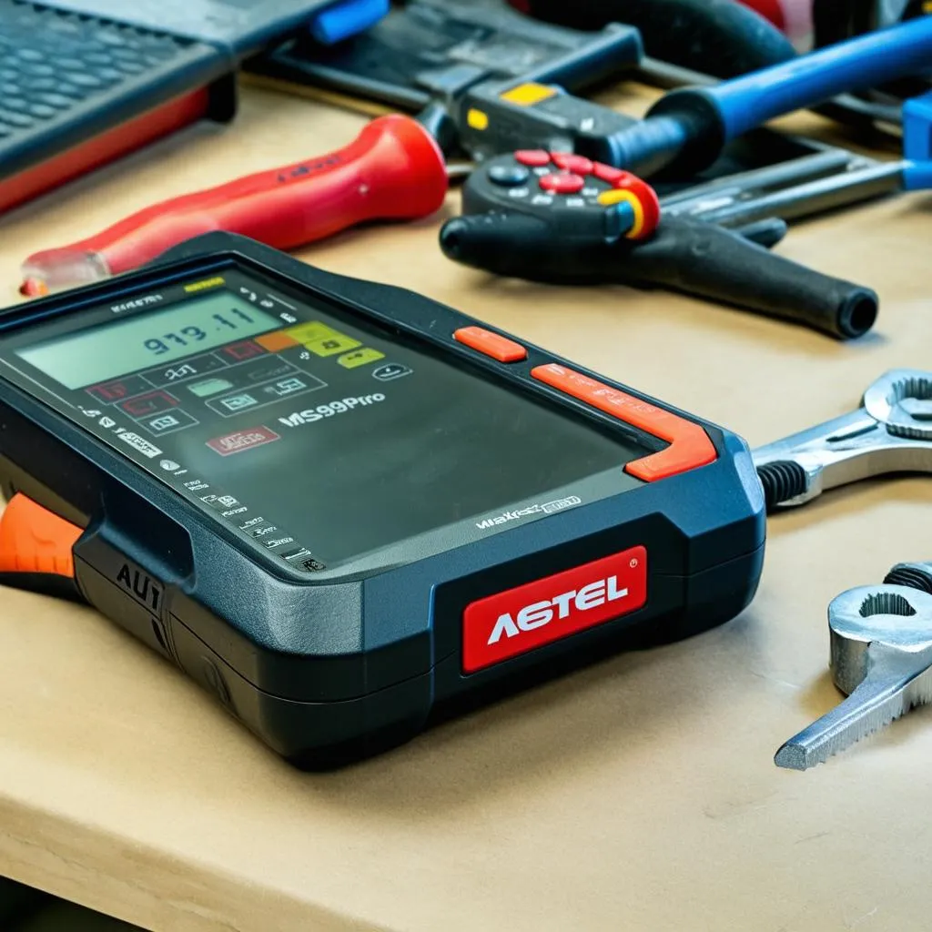 Autel MaxiSys MS908 Pro scanner on a workbench with tools