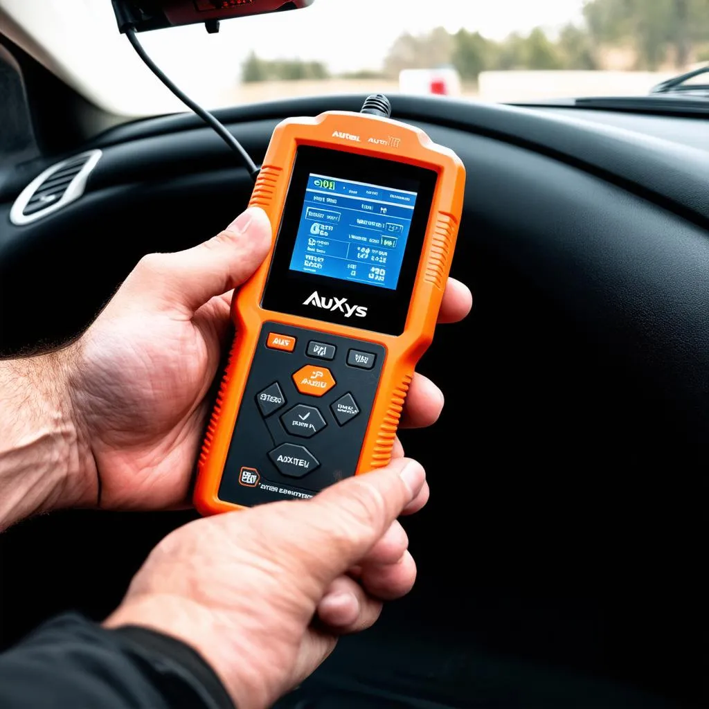 Autel MaxiSys diagnostic scanner being used on a car