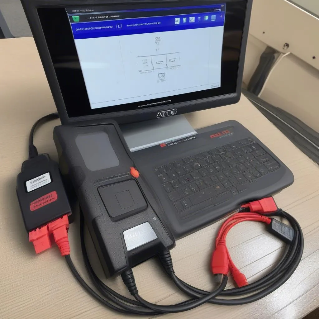 Autel MaxiSys scanner connected to a computer