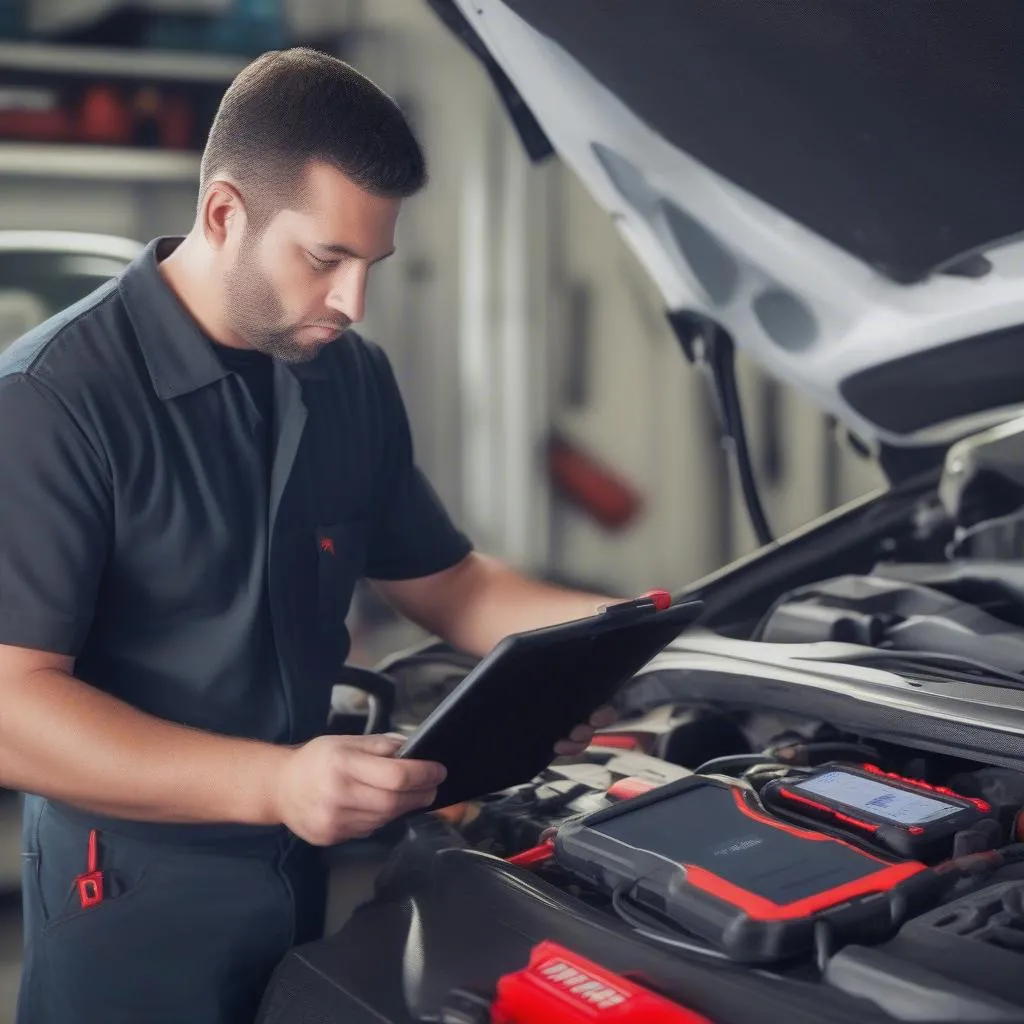 Mechanic using Autel MaxiSys tool