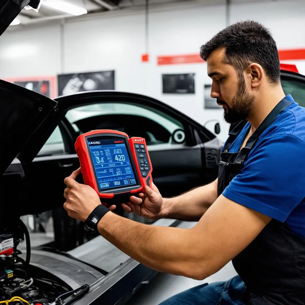 A mechanic using the Autel MaxiSys Ultra to diagnose a car