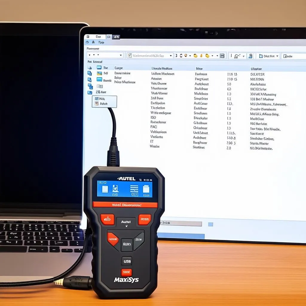 Autel MaxiSys connected to a laptop via USB