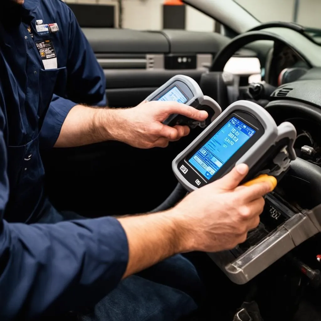 A mechanic using both the Snap-on Ethos Pro and the Autel MaxiSys series to diagnose and repair a vehicle