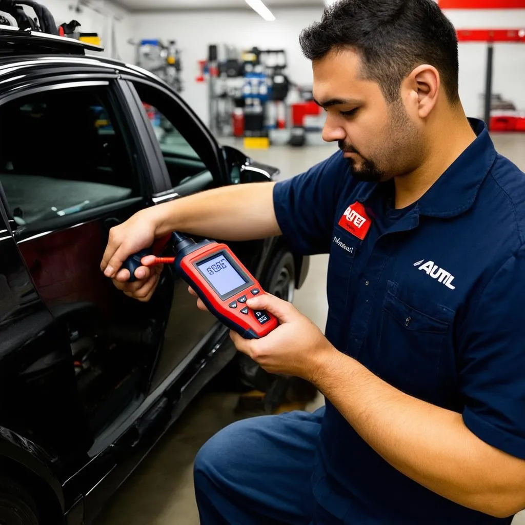 Mechanic using Autel MaxiTPMS to program TPMS sensor