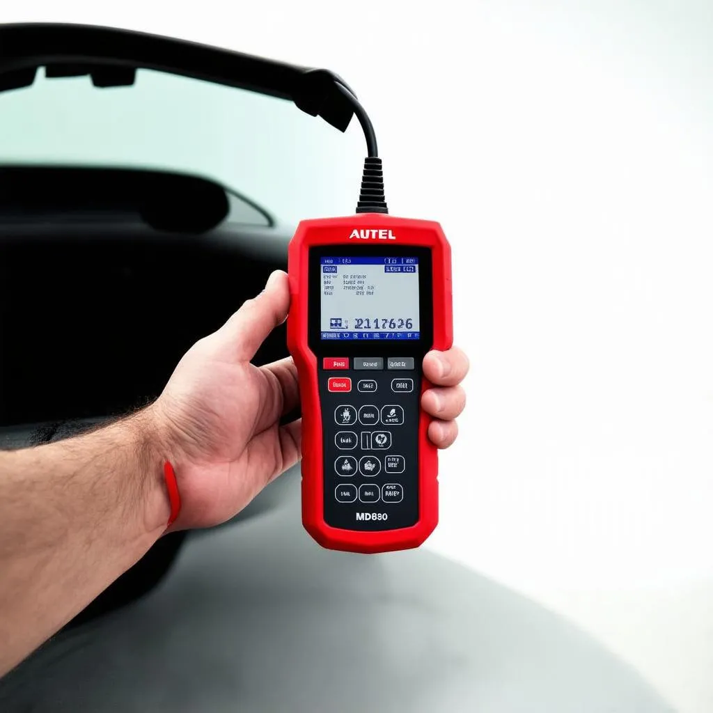 Autel MD802 diagnostic scanner being used to diagnose a European car