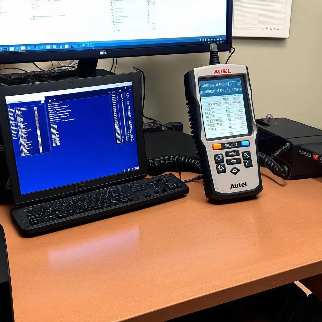 Autel MD802 diagnostic scanner on a workbench