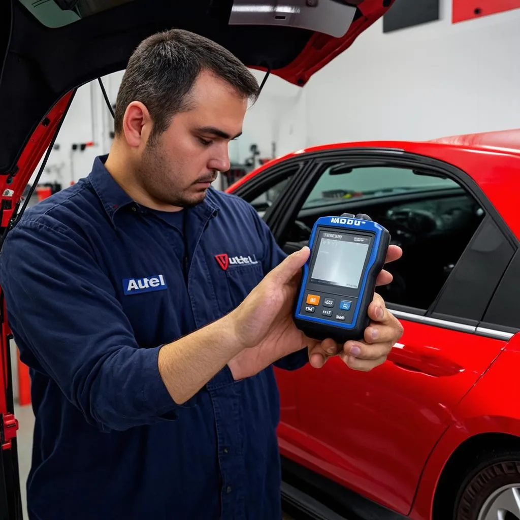 Mechanic using Autel MD802 scanner