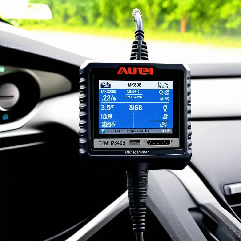 Autel MK808 connected to a car's OBD-II port