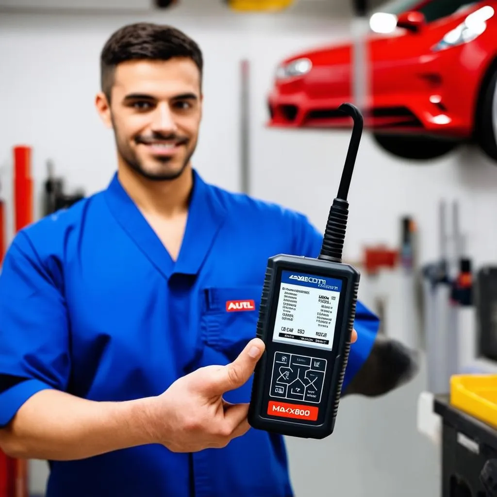 Mechanic holding Autel MK808