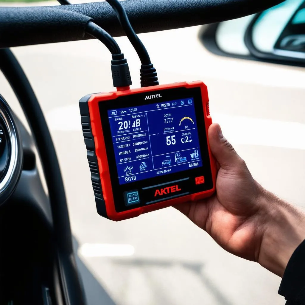 Autel MK808 Pro diagnostic tool connected to a car