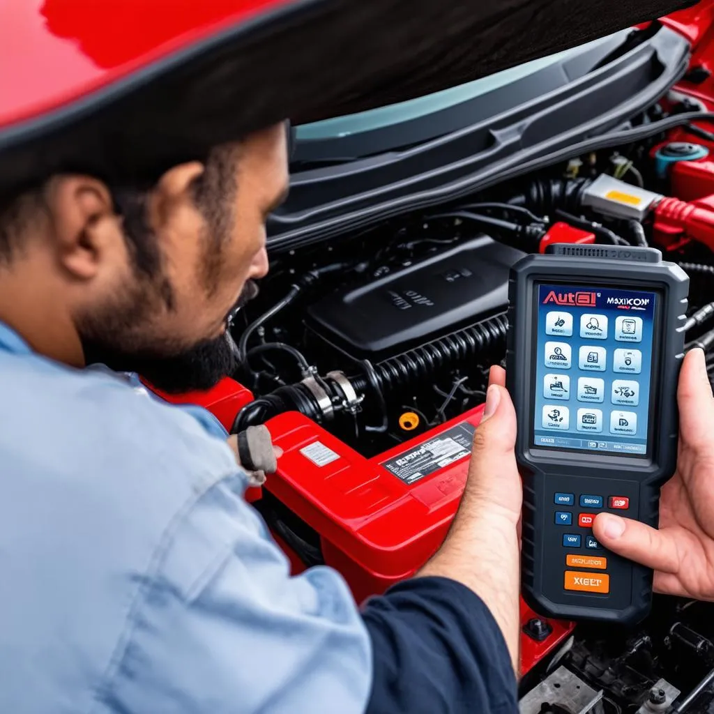 Autel MK808Z-TS being used to diagnose a car