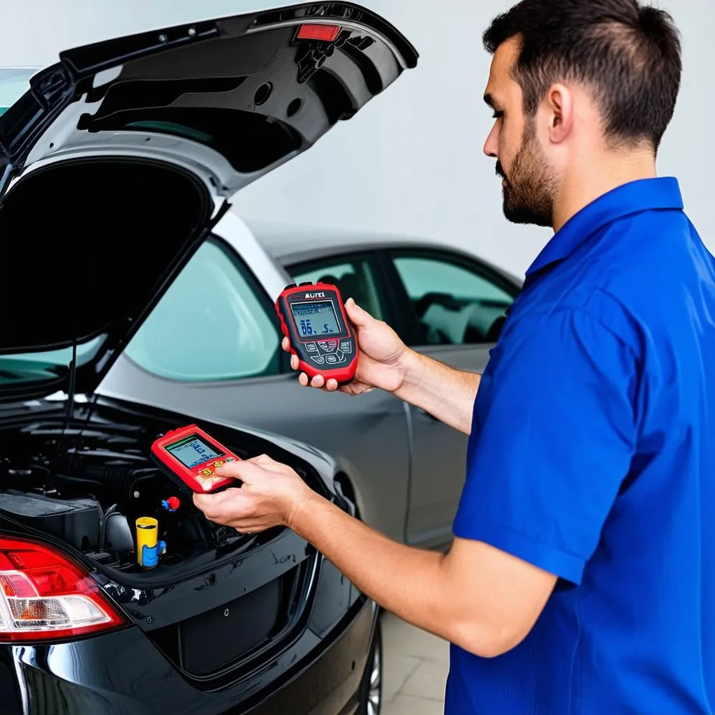 Autel MS505 Review: A mechanic using the Autel MS505 to diagnose a problem on a European car.