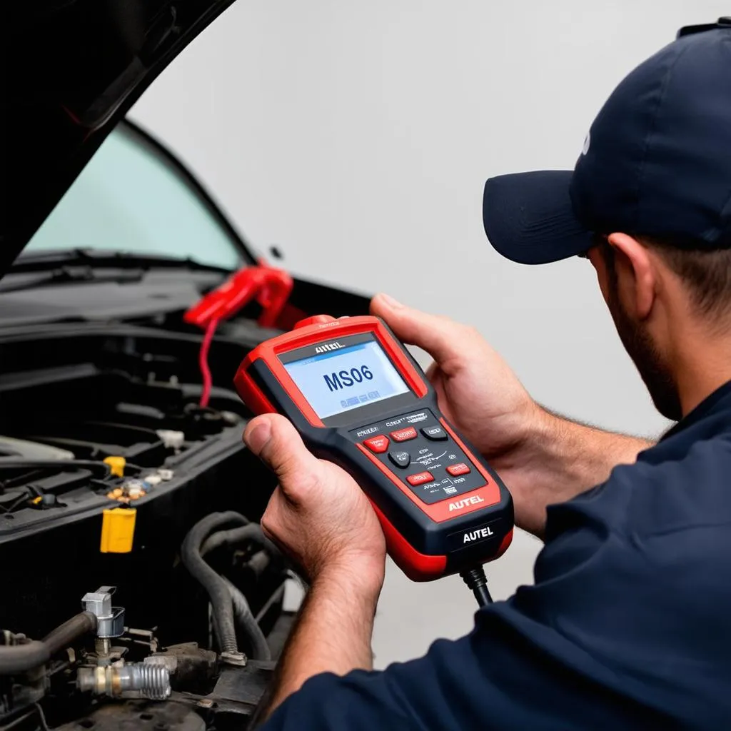 Mechanic using Autel MS906 to diagnose a car problem