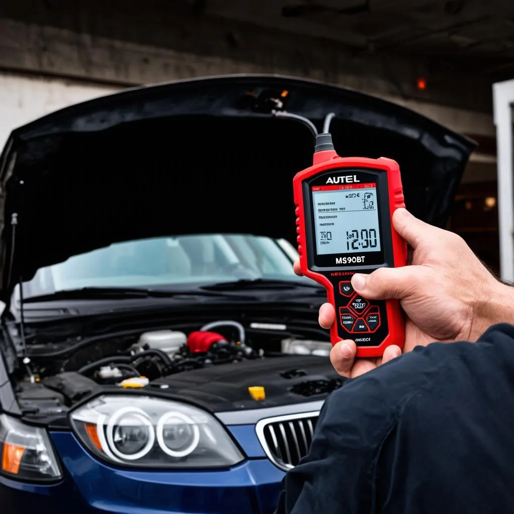 Mechanic using the Autel MS906BT TPMS tool to diagnose a car's tire pressure monitoring system.