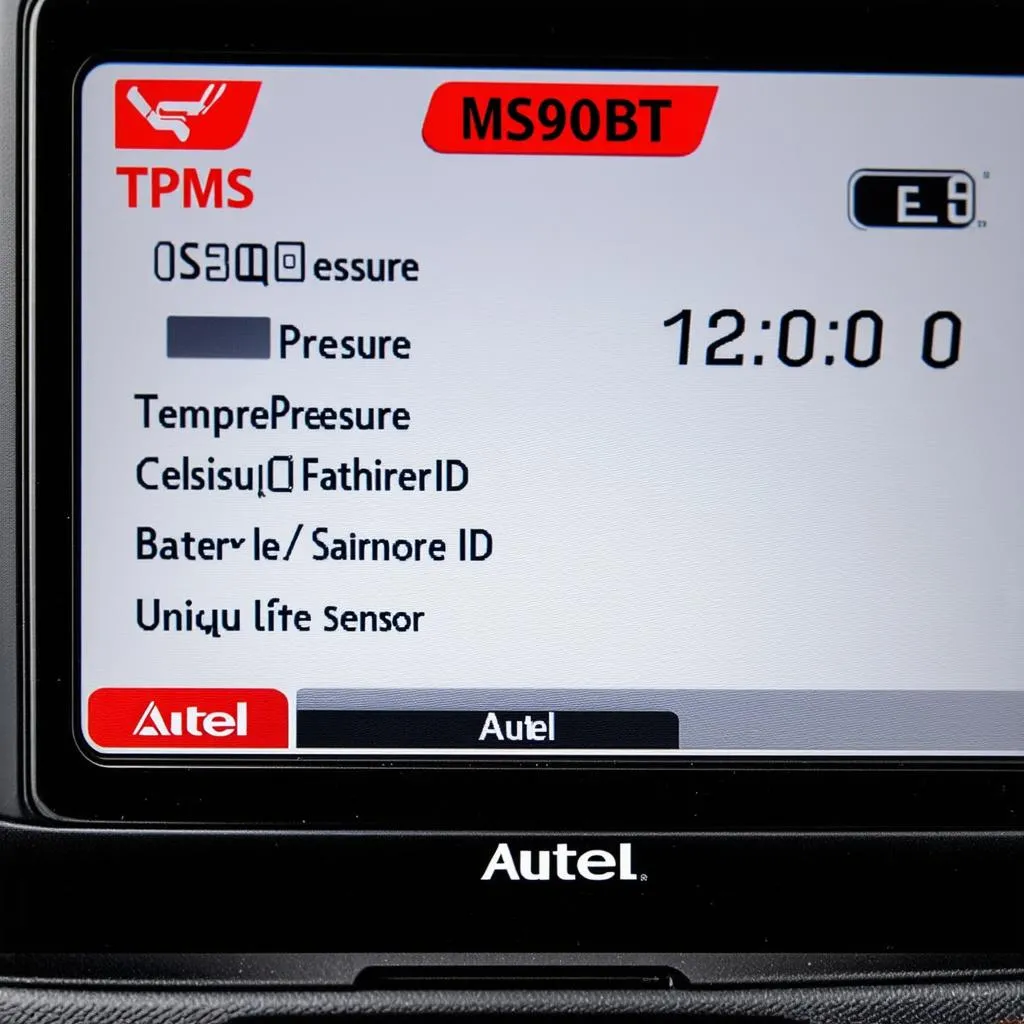 The Autel MS906BT displays TPMS sensor data on its screen, showing tire pressure, temperature, battery status, and sensor ID.