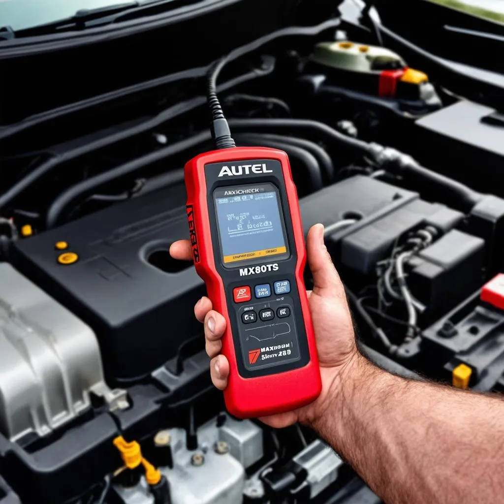 Mechanic holding Autel MX808TS