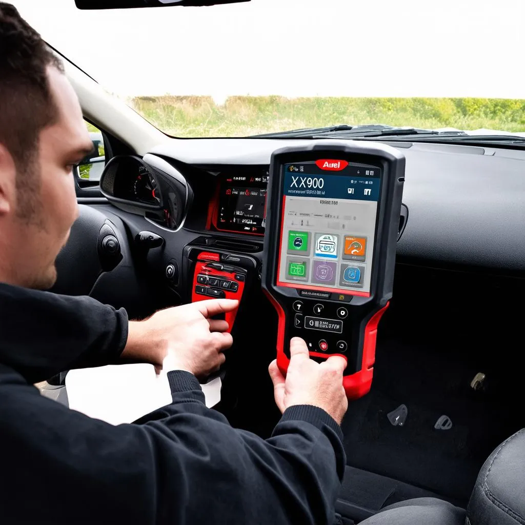 autel mx900 diagnostic tool with a car