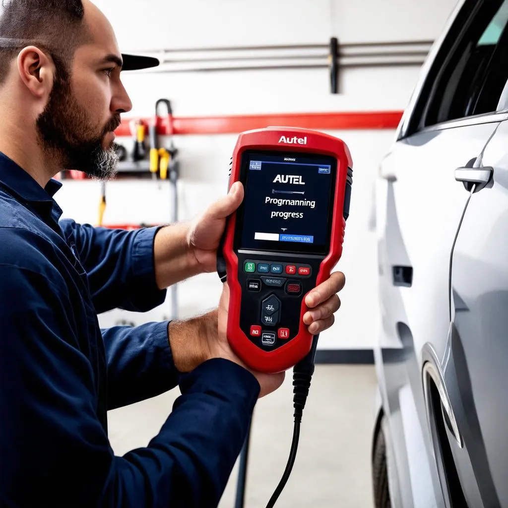 Autel scanner connected to a Nissan car for programming