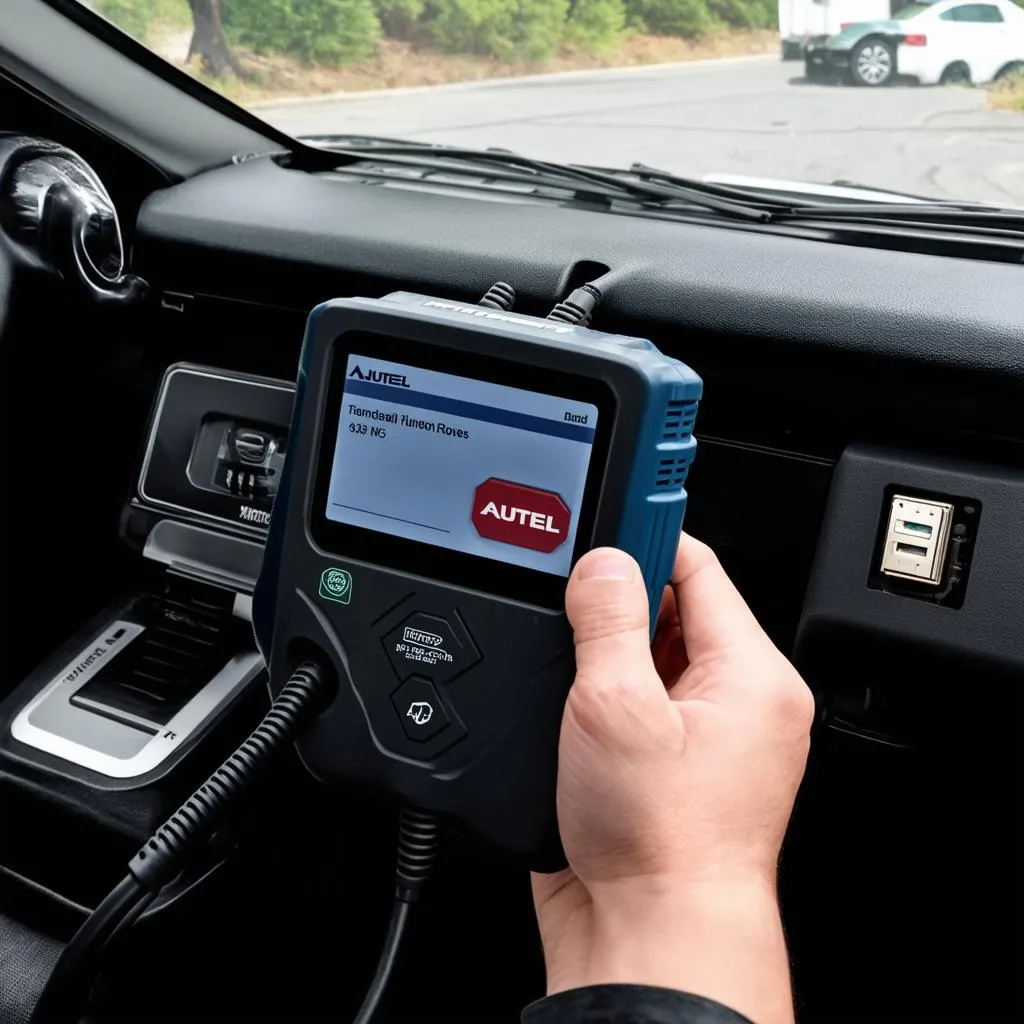 Autel OBD2 scanner connected to a Range Rover