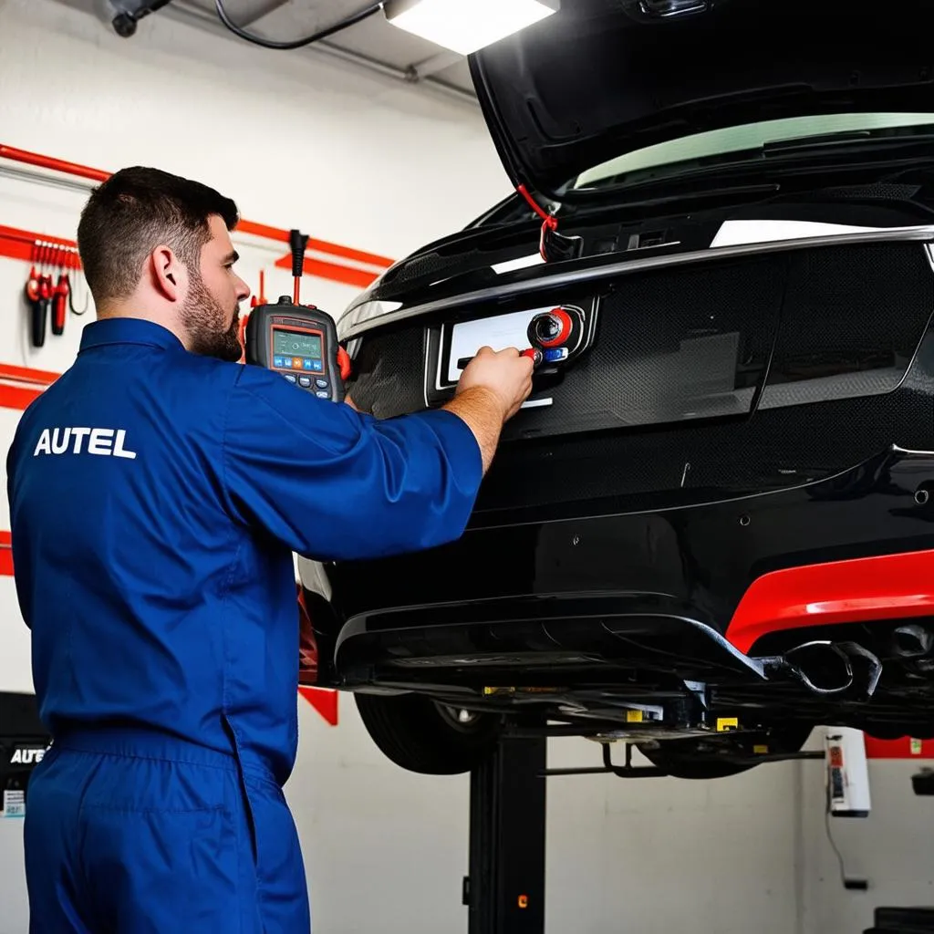 Autel reflash tool being used by a mechanic in a garage