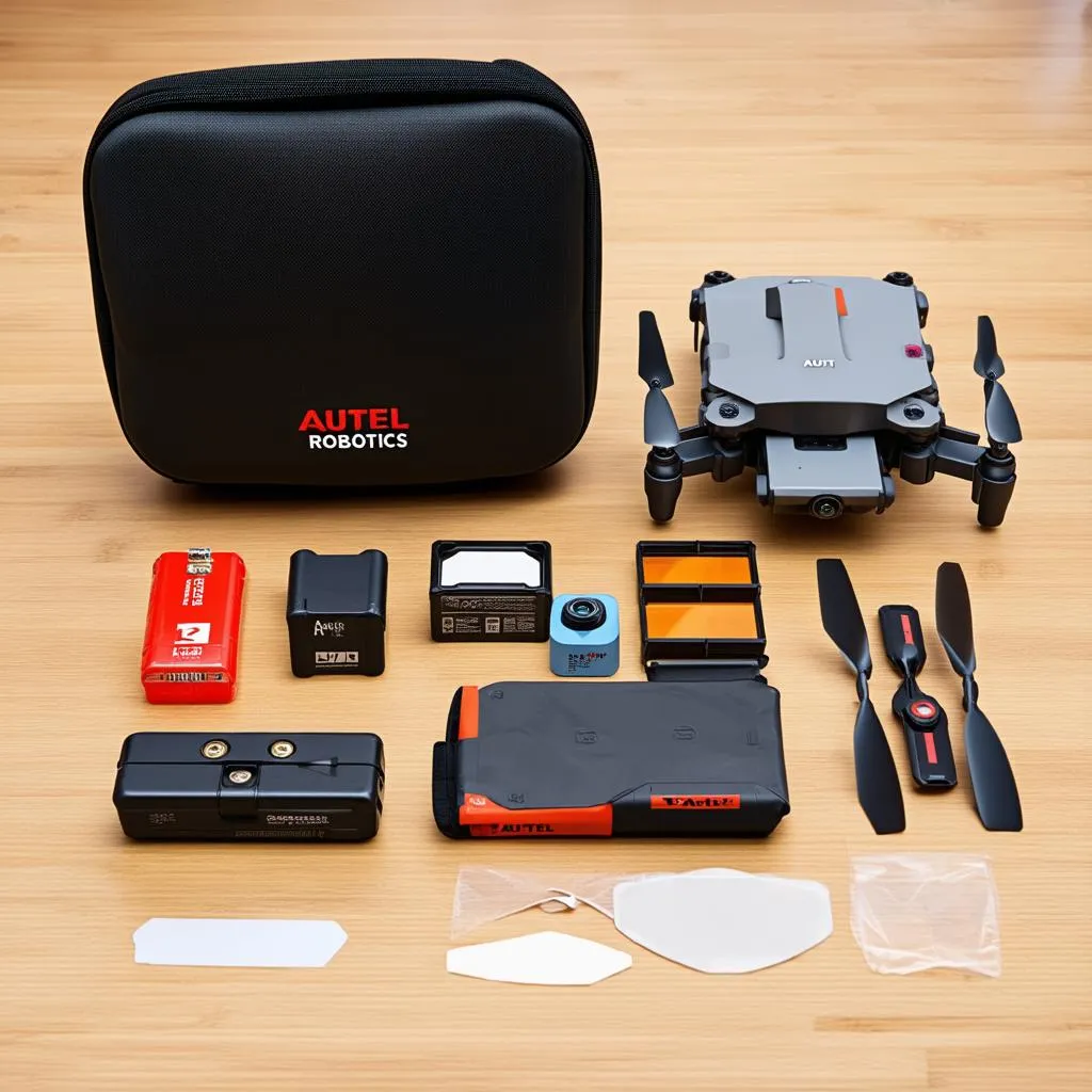 Autel Robotics drone accessories kit spread on a table