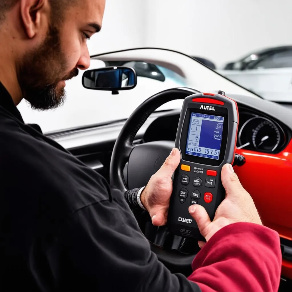 Autel scanner being used to diagnose a car