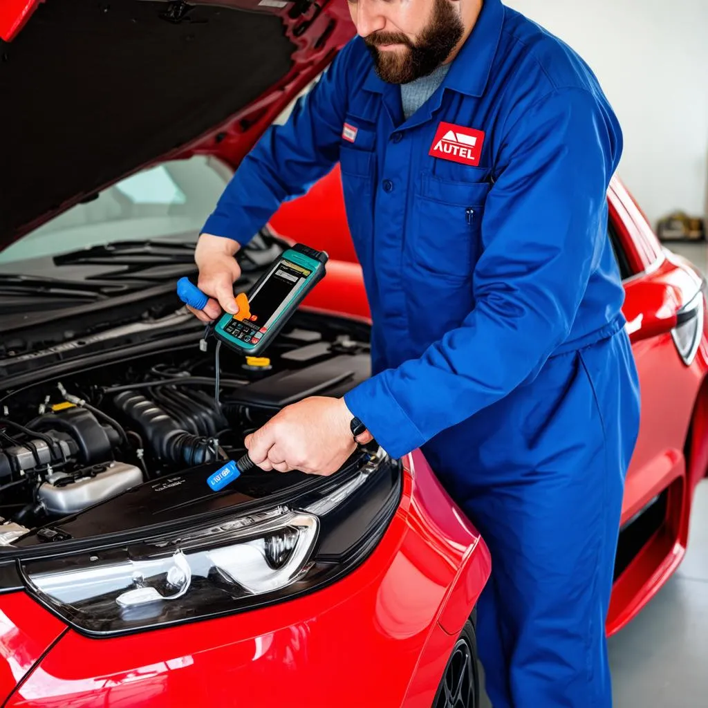 Mechanic using an Autel scan tool to diagnose a car