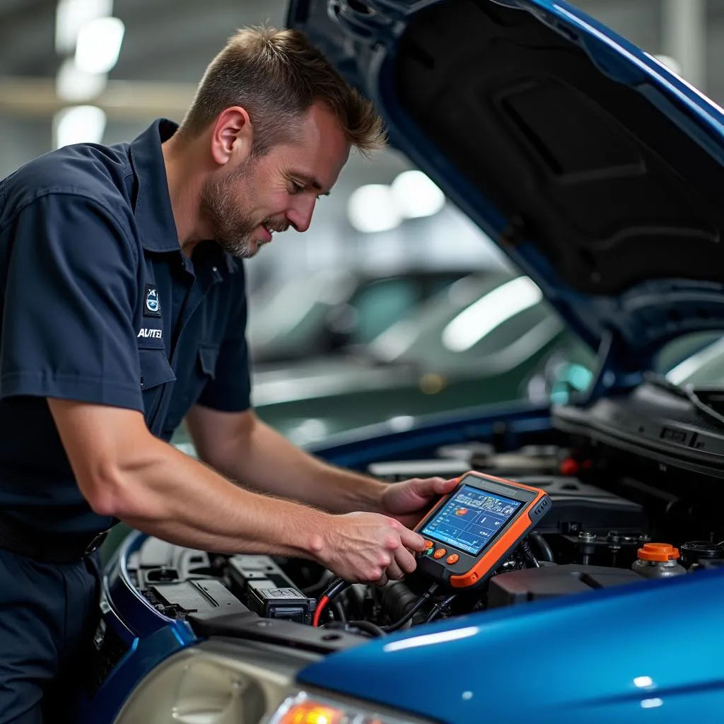 Mechanic using an Autel scan tool to diagnose a car problem