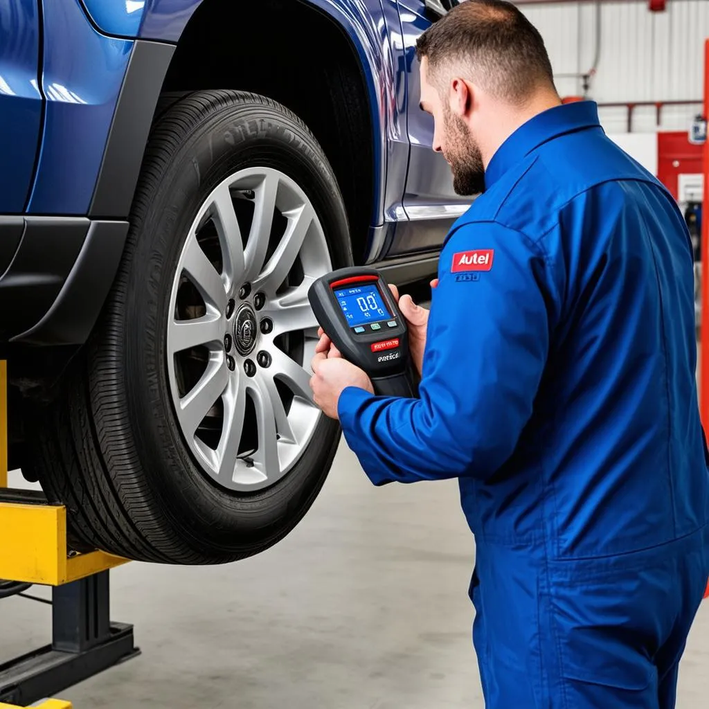 Mechanic using an Autel scan tool to diagnose a car's TPMS