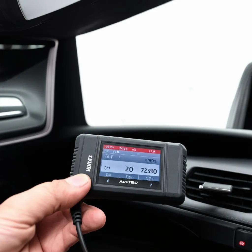 Autel scanner connected to a car's OBD-II port