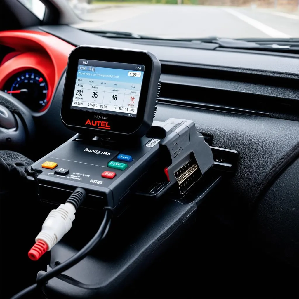 Autel scanner connected to a car's OBD-II port