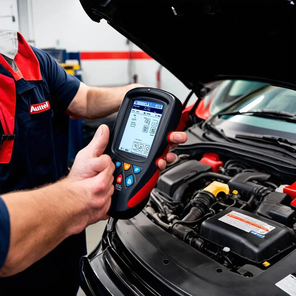 Mechanic using Autel Scanner on a car