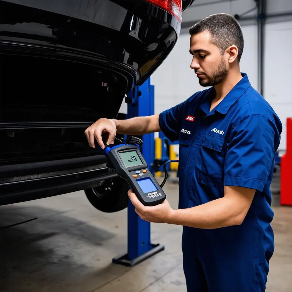 Mechanic using an Autel scan tool to diagnose a car's ABS system in a professional garage.