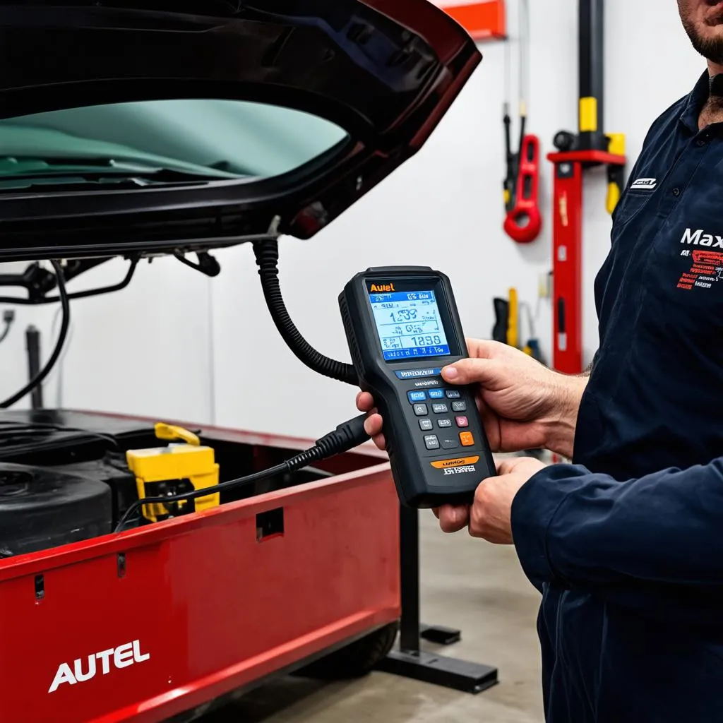 Autel MaxiSys scanner being used to diagnose a car in a professional garage setting.