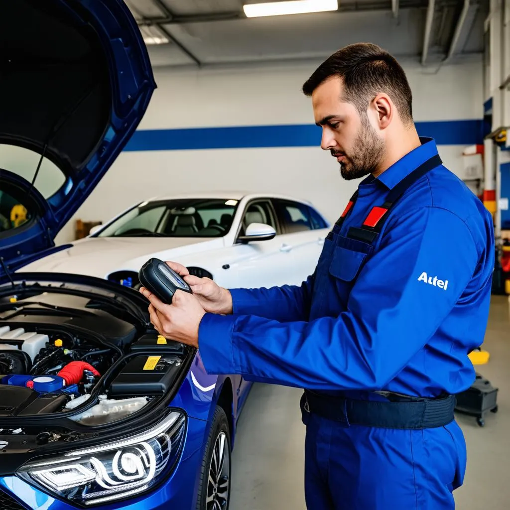 Mechanic using an Autel Scanner