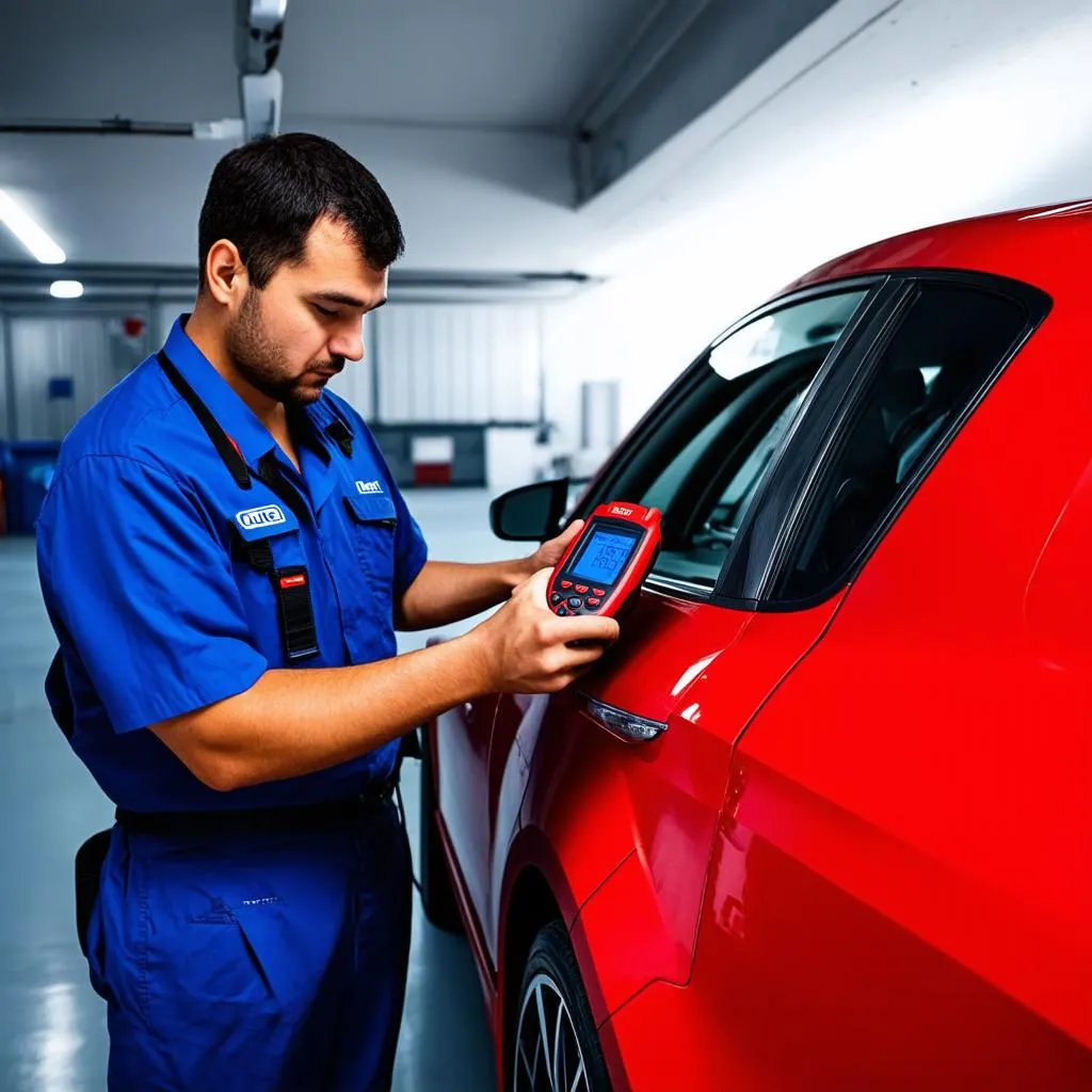 Mechanic using an Autel scanner