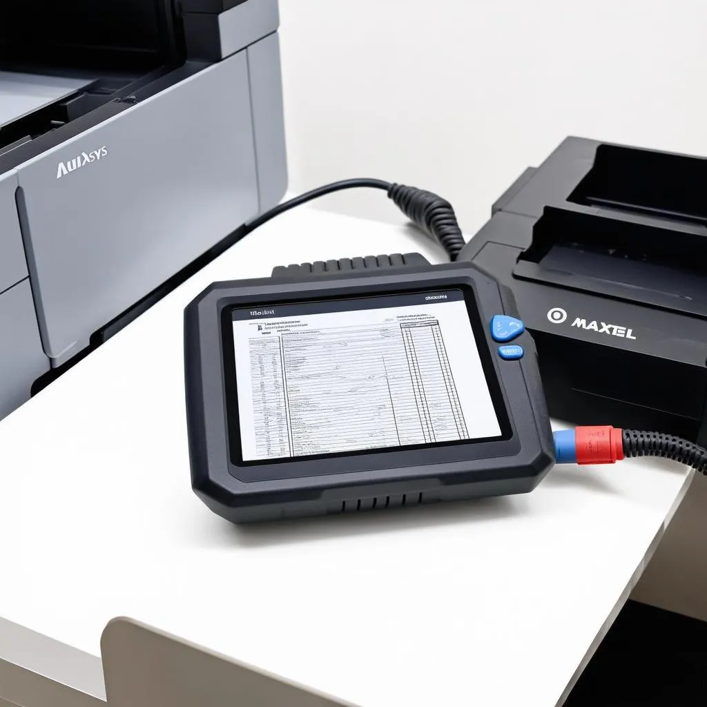 Autel MaxiSys scanner connected to a printer