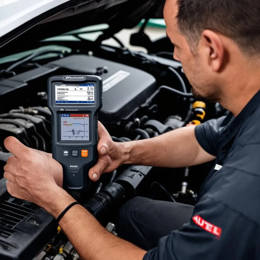 Professional mechanic using an Autel scanner