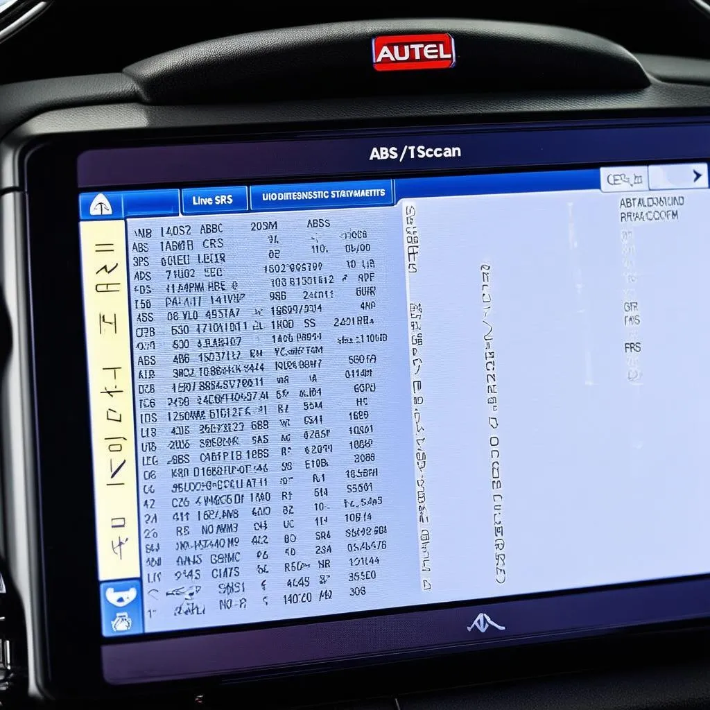 Close-up view of the screen of an Autel scan tool displaying diagnostic information and error codes.