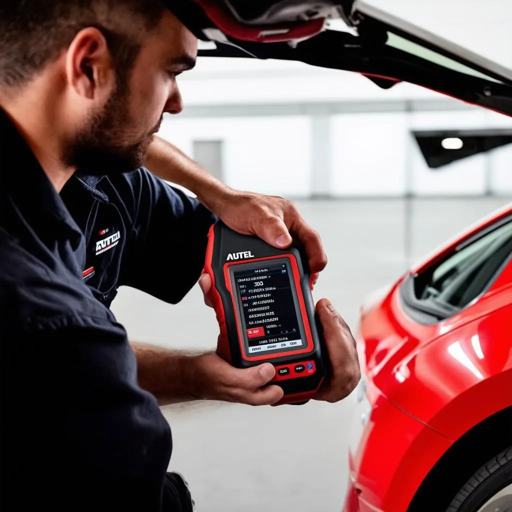 Autel scanner being used to diagnose a car