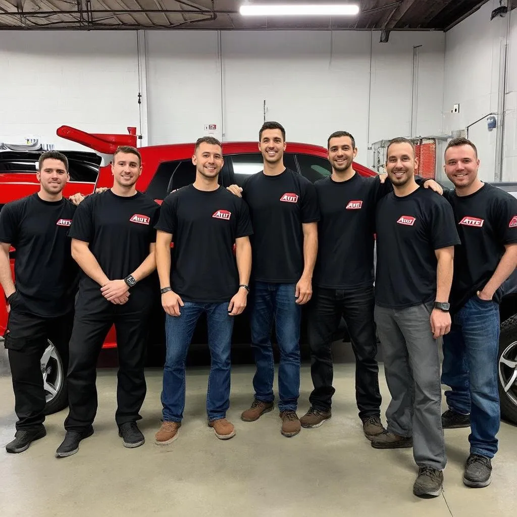 Group of mechanics wearing Autel shirts