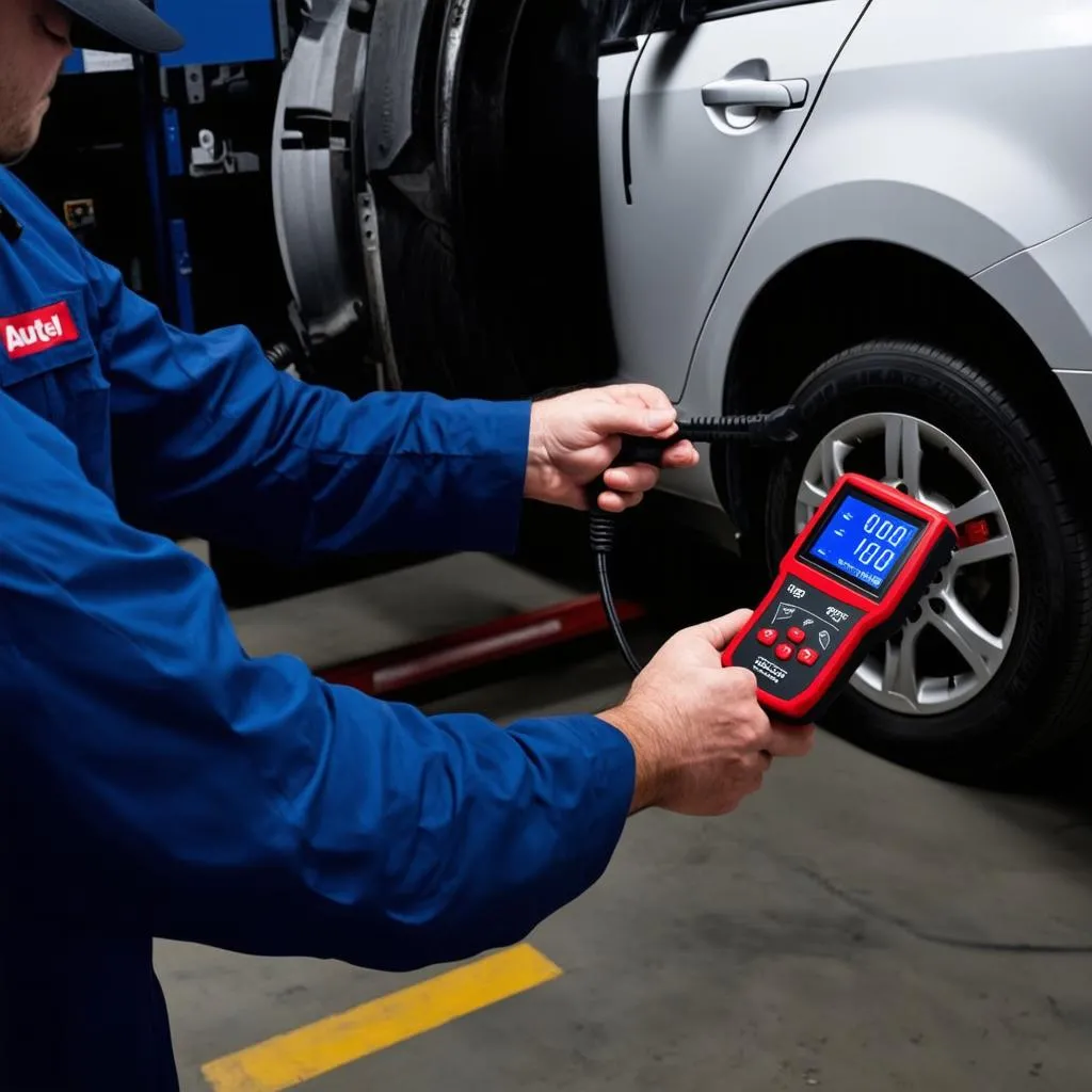 Mechanic using Autel TPMS tool on a car