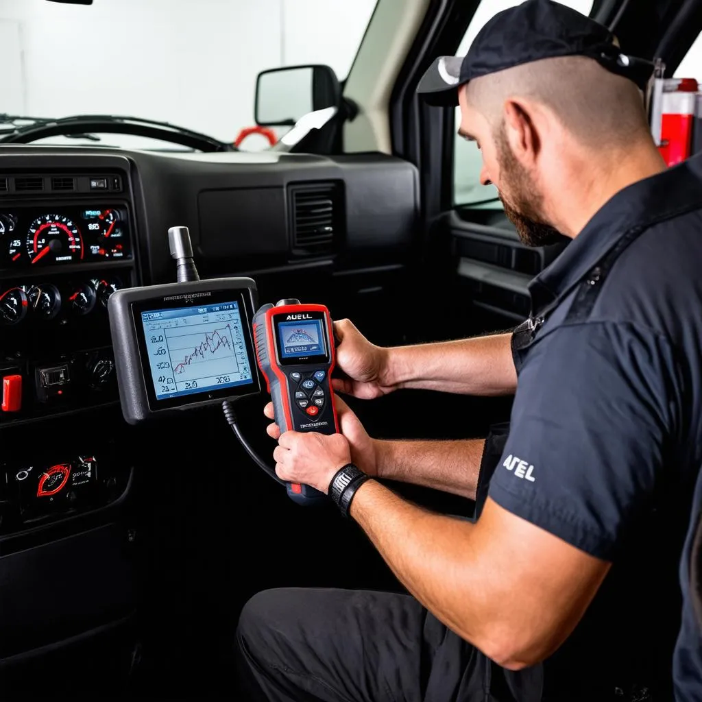 Autel Truck Scanner diagnosing a vehicle